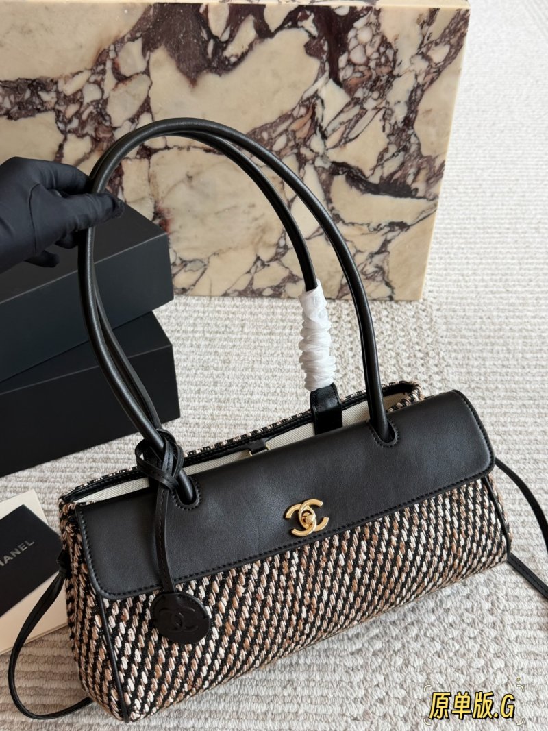 Chanel Baguette Bag Black Leather Tweed 30cm