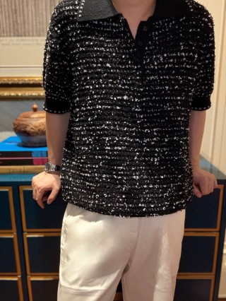 Black Sequin Short Sleeve Polo T-Shirt