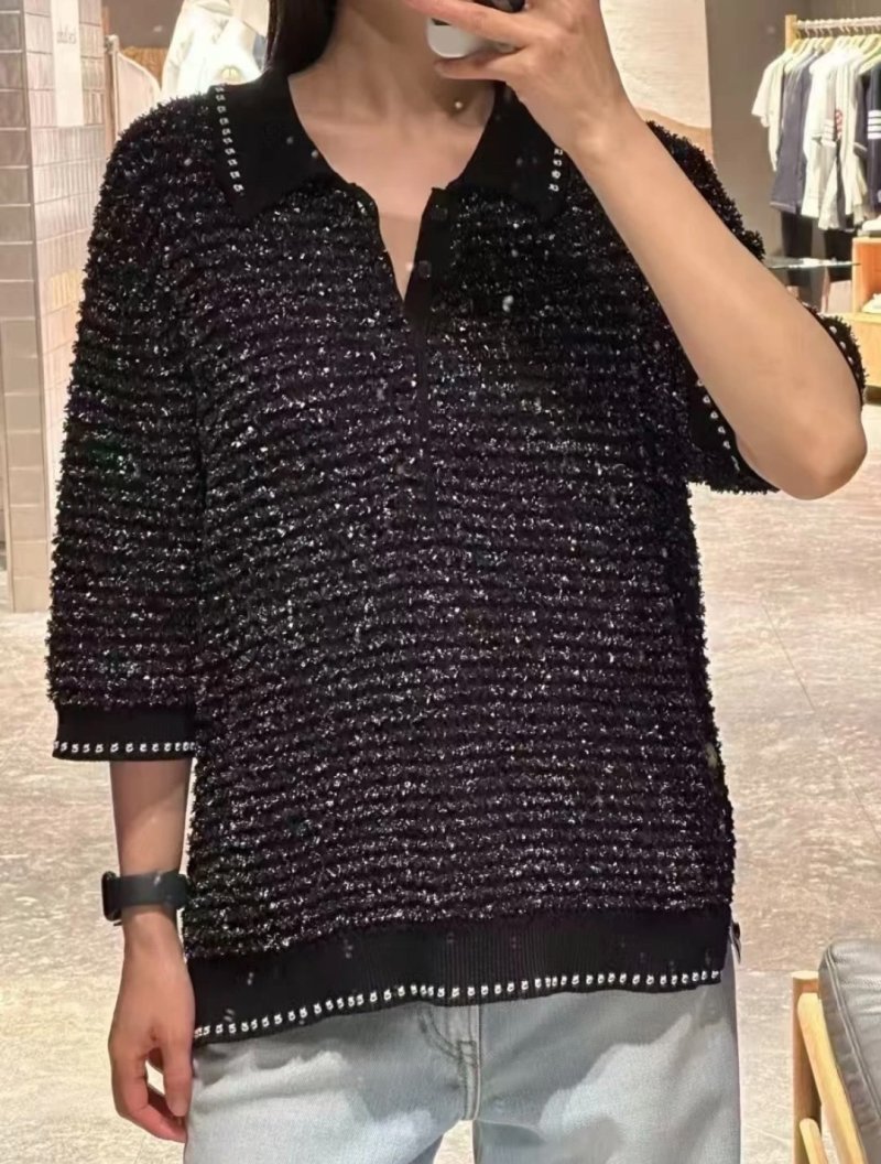 Black Sequin Short Sleeve Polo T-Shirt view