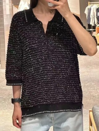 Black Sequin Short Sleeve Polo T-Shirt view 3
