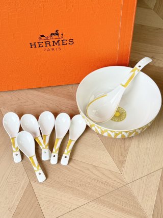 Hermès Paris Porcelain Spoon & Bowl Set - White Gold