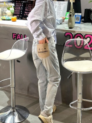 Burberry Light Wash Denim Jeans with Leather Patch view 2