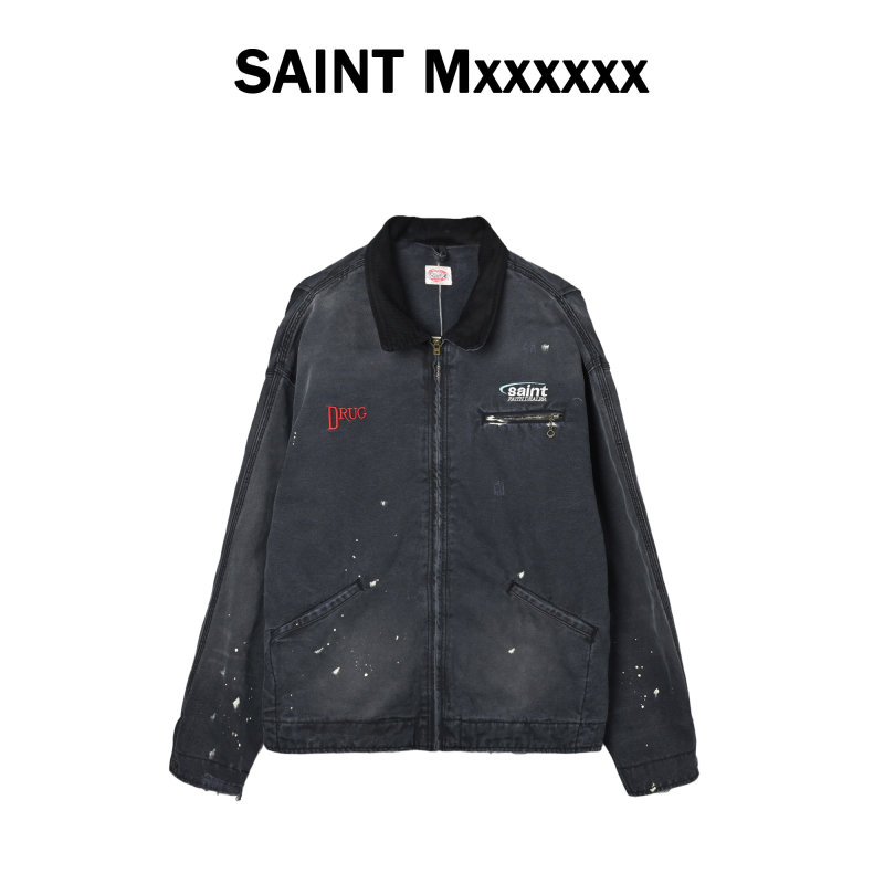 Oversized Distressed Denim Jacket with Graphic Print - Charcoal view