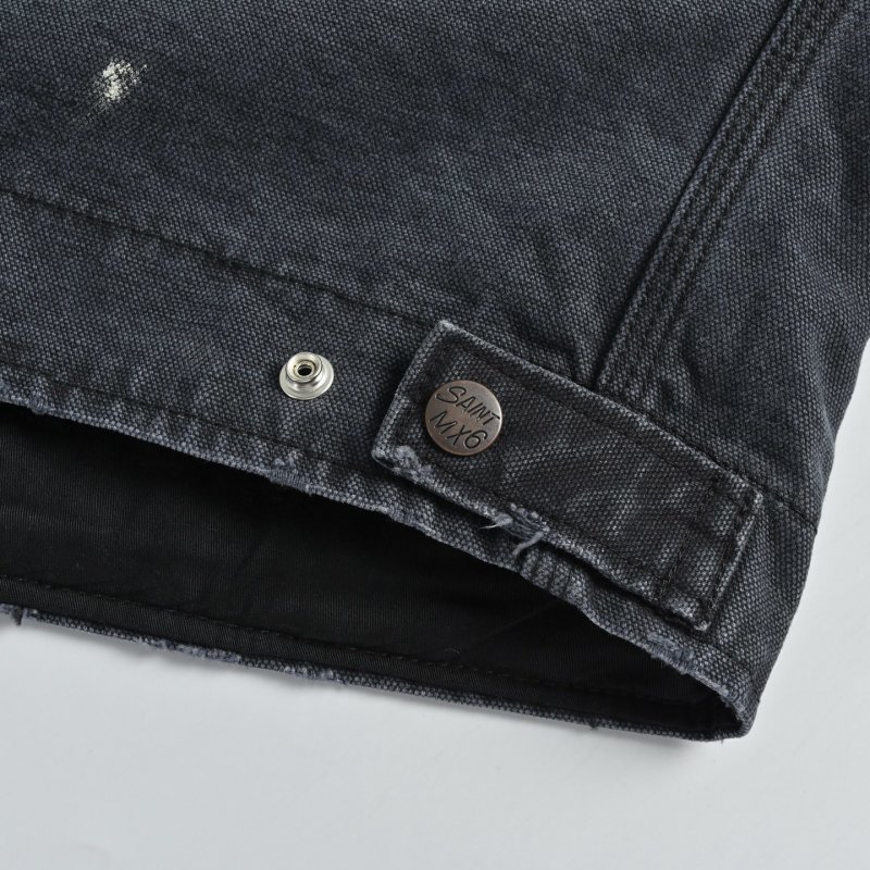 Oversized Distressed Denim Jacket with Graphic Print - Charcoal view