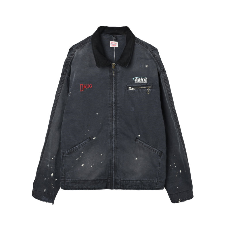 Oversized Distressed Denim Jacket with Graphic Print - Charcoal view