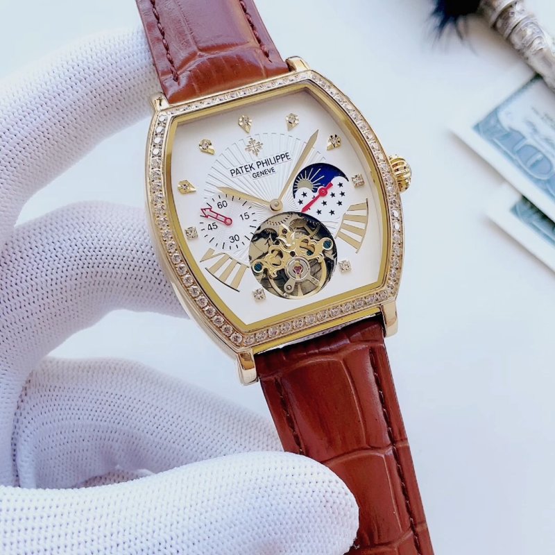 Patek Philippe Inspired Gold Tourbillon Moon Phase Watch Red Leather