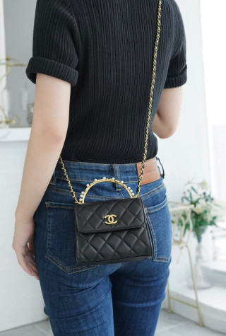 Chanel Classic Quilted Black Shoulder Bag with Gold Chain view 2