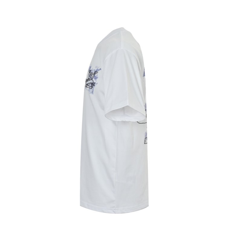 White Graphic Print Short Sleeve T-Shirt with Blue Sketch Design view