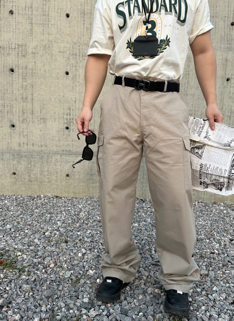 Beige Cargo Pants with Multiple Pockets & Belt view