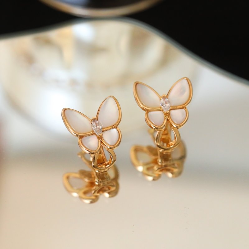 Van Cleef & Arpels Two Butterfly White Mother-of-Pearl Gold Earrings