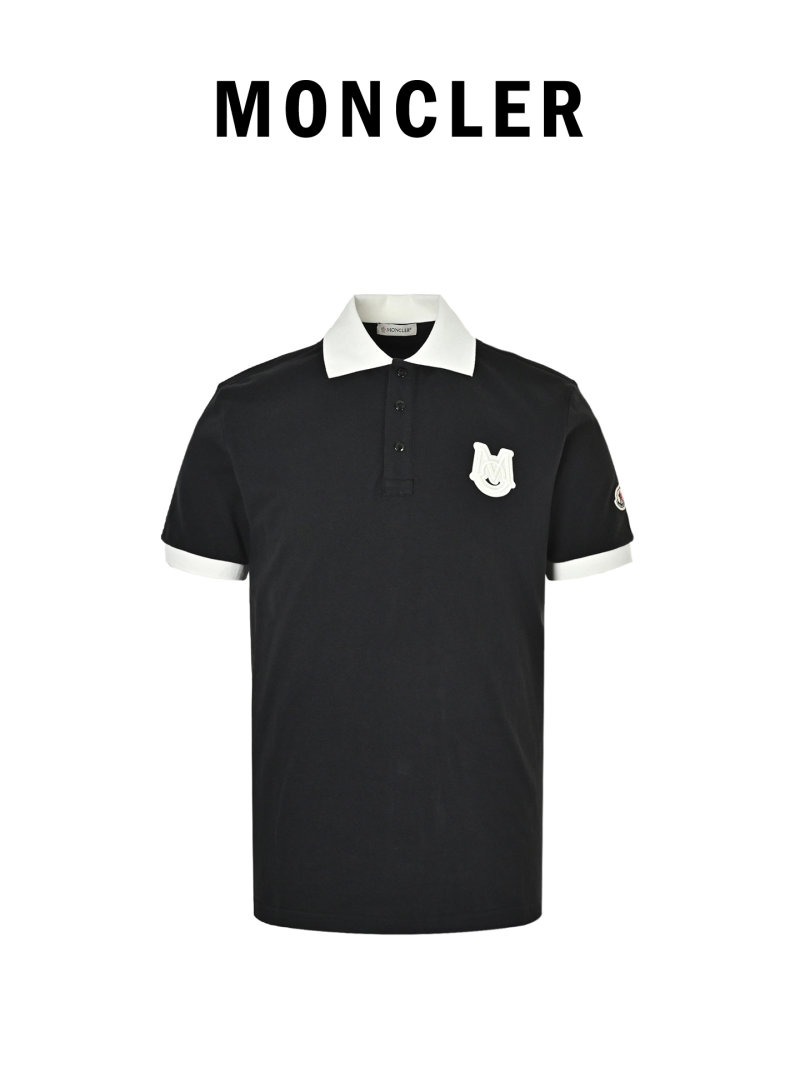 Moncler Black Polo T-Shirt with White Collar and Crest view