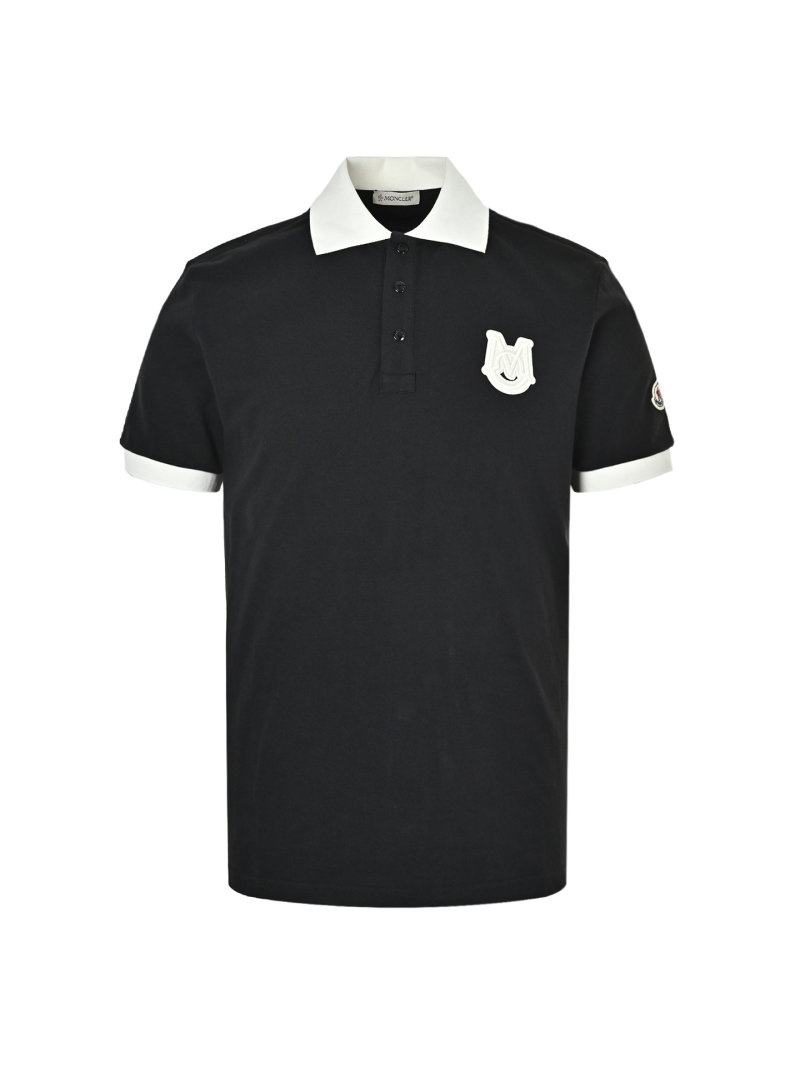 Moncler Black Polo T-Shirt with White Collar and Crest view