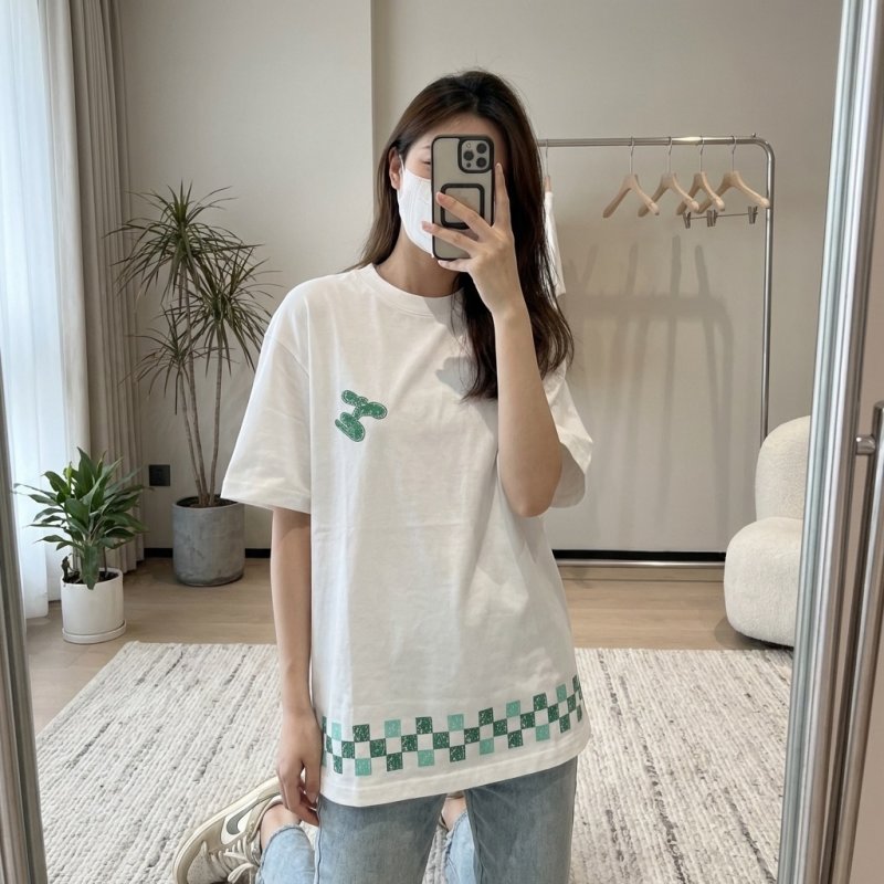 Cream Oversized T-Shirt with Green Checkered Print