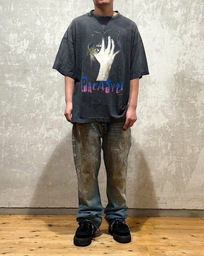 Vintage Black Graphic Portrait T-Shirt with Neon Text