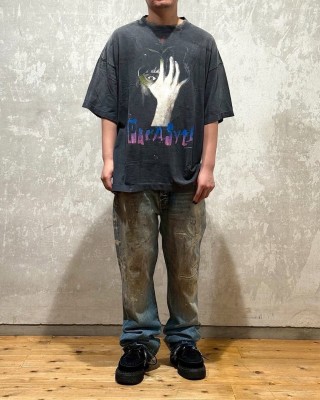 Vintage Black Graphic Portrait T-Shirt with Neon Text