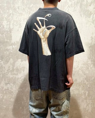 Vintage Black Graphic Portrait T-Shirt with Neon Text view 2