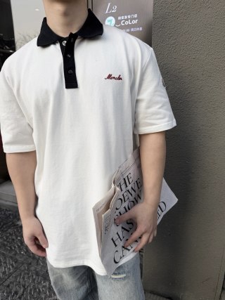 Moncler White Polo Shirt with Black Collar