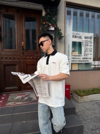 Moncler White Polo Shirt with Black Collar view 2
