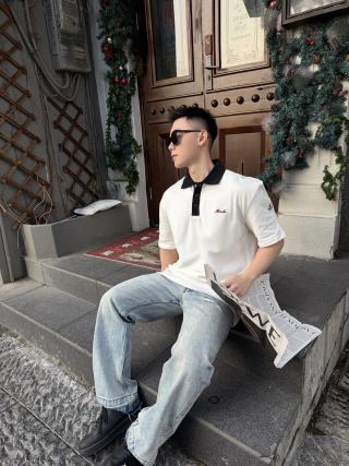 Moncler White Polo Shirt with Black Collar view 7
