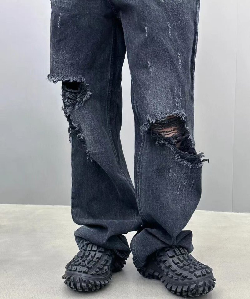 Black Distressed Ripped Jeans - Wide Leg Premium Denim
