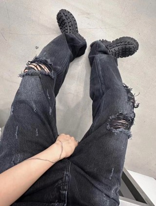 Black Distressed Ripped Jeans - Wide Leg Premium Denim view 6