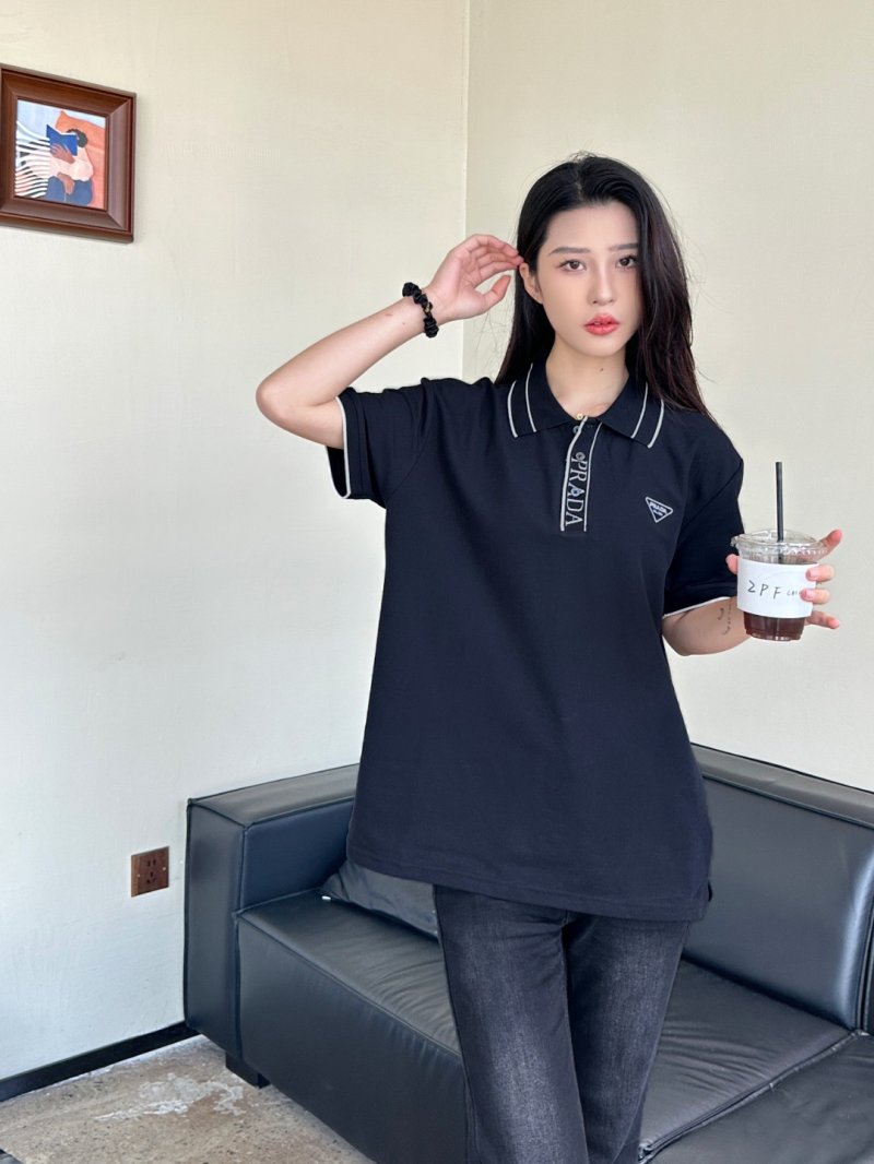 Prada Black Polo Shirt with Striped Collar