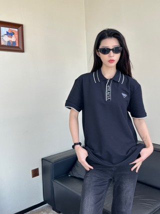Prada Black Polo Shirt with Striped Collar view 3