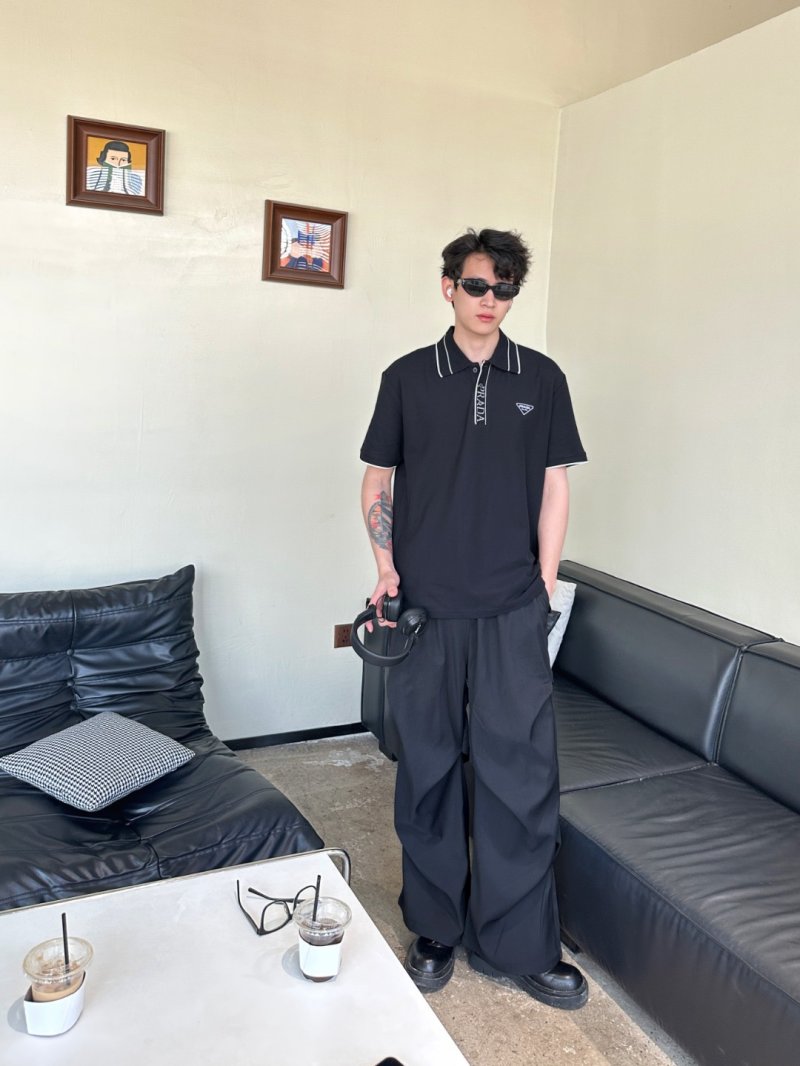 Prada Black Polo Shirt with Striped Collar view