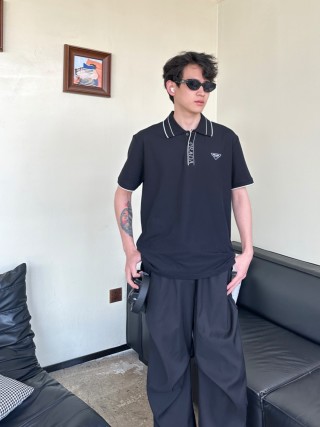 Prada Black Polo Shirt with Striped Collar view 6