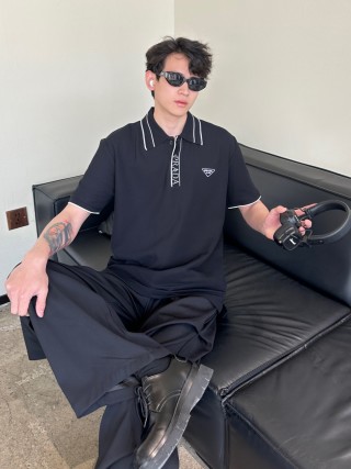 Prada Black Polo Shirt with Striped Collar view 7