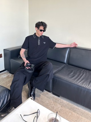 Prada Black Polo Shirt with Striped Collar view 8