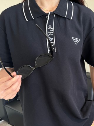 Prada Black Polo Shirt with Striped Collar view 9