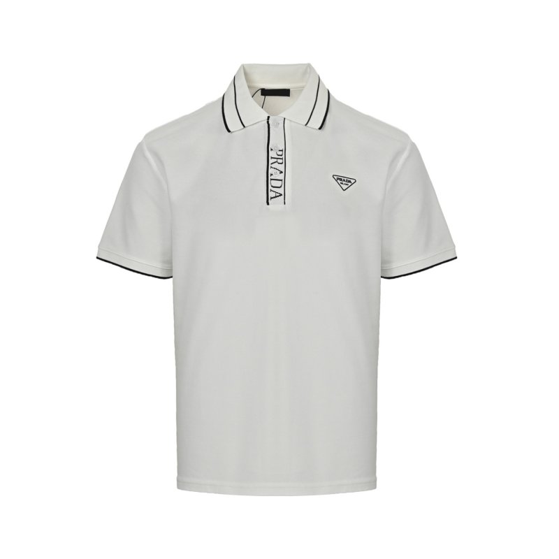 Prada White Short-Sleeve Polo Shirt with Striped Collar view
