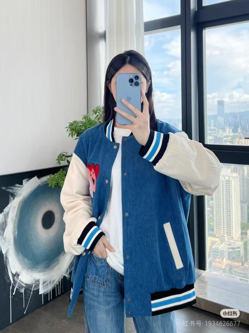 Blue Denim Varsity Jacket with Cream Sleeves