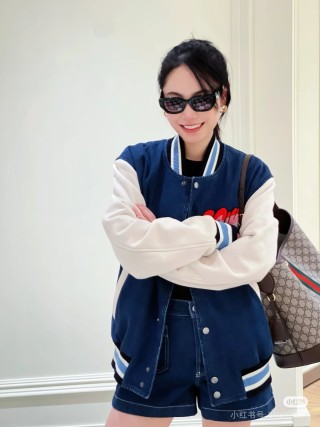 Blue Denim Varsity Jacket with Cream Sleeves view 2