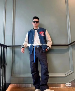Blue Denim Varsity Jacket with Cream Sleeves view 4