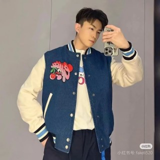 Blue Denim Varsity Jacket with Cream Sleeves view 5