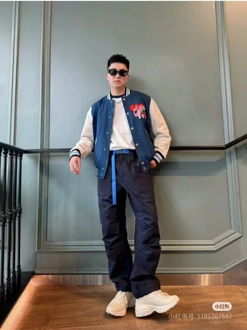 Blue Denim Varsity Jacket with Cream Sleeves view