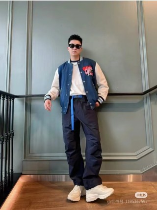 Blue Denim Varsity Jacket with Cream Sleeves view 7