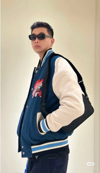 Blue Denim Varsity Jacket with Cream Sleeves view 8