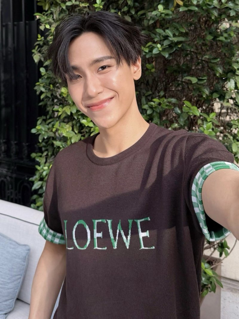 Loewe Brown Logo T-Shirt with Green Checkered Sleeves