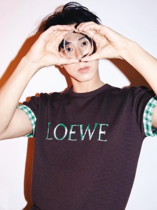 Loewe Brown Logo T-Shirt with Green Checkered Sleeves view 2