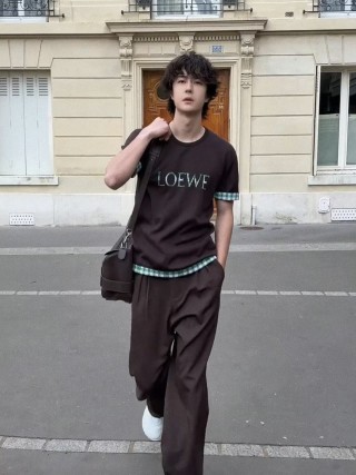 Loewe Brown Logo T-Shirt with Green Checkered Sleeves view 3