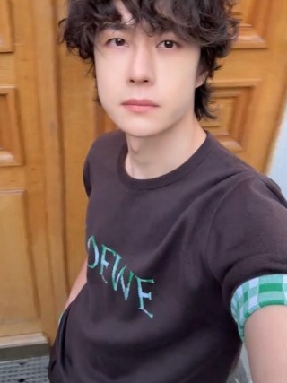 Loewe Brown Logo T-Shirt with Green Checkered Sleeves view 4