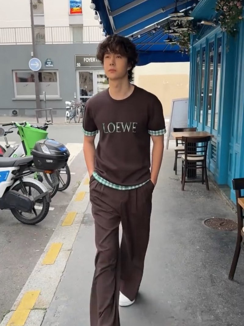 Loewe Brown Logo T-Shirt with Green Checkered Sleeves view