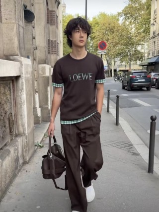Loewe Brown Logo T-Shirt with Green Checkered Sleeves view 6