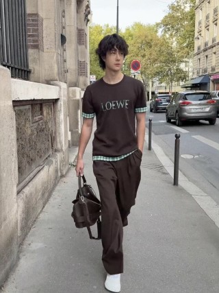 Loewe Brown Logo T-Shirt with Green Checkered Sleeves view 7