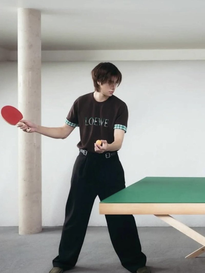 Loewe Brown Logo T-Shirt with Green Checkered Sleeves view