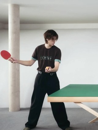 Loewe Brown Logo T-Shirt with Green Checkered Sleeves view 10