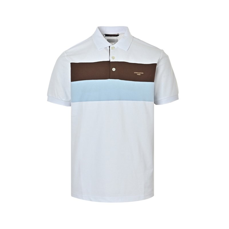 Cream Colorblock Polo Shirt with Brown & Blue Stripe view
